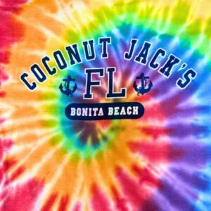 A tie dye shirt with the words coconut jack 's florida on it.