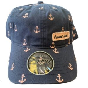 A navy blue hat with pink anchors on it.