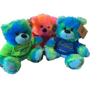 Three colorful teddy bears with a t-shirt on them.