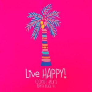 A pink background with a palm tree and the words " live happy !"