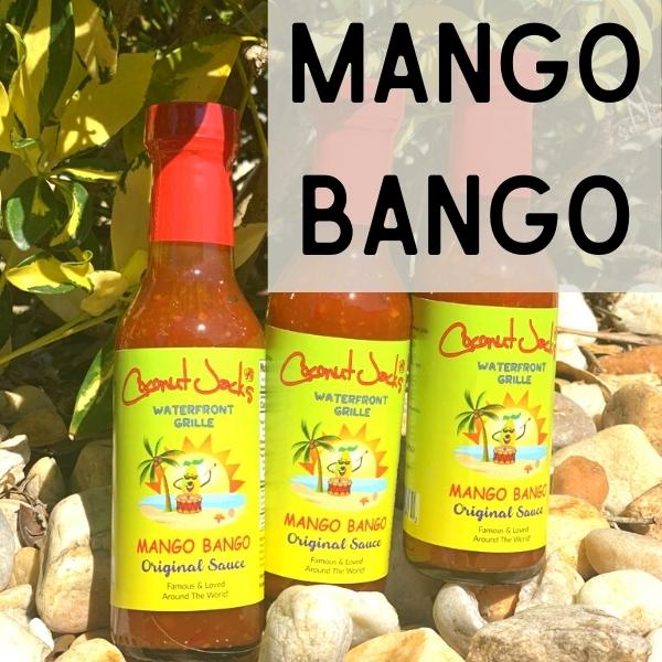 A group of three bottles of mango bango.