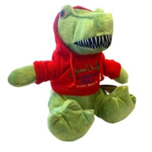 A stuffed alligator wearing a red hoodie.
