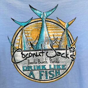 A blue shirt with a fish logo on it.