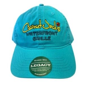 A blue hat with the words " coconut jack 's waterfront grille ".