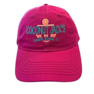 A pink hat with the words coconut jack 's on it.