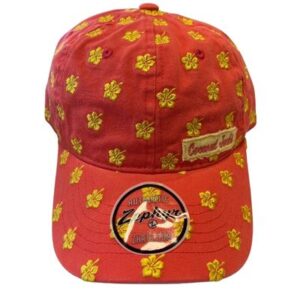 A red hat with yellow flowers on it.