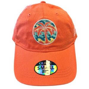 A orange hat with a palm tree on it.