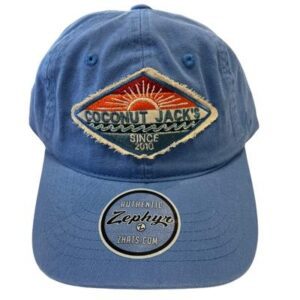 A blue hat with a patch on it