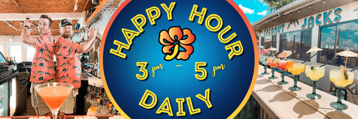 A blue sign with the words happy hour and 3 pm-5 pm daily.