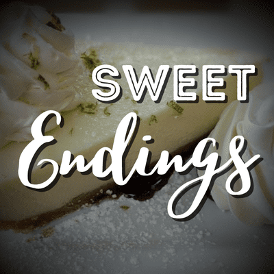 A close up of a piece of cake with the words " sweet endings ".