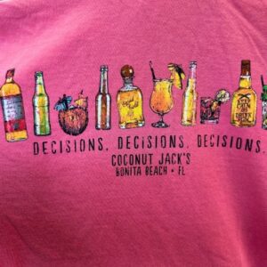 A pink shirt with various beverages and drinks on it.