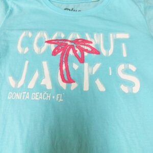 A blue shirt with coconut jack 's logo on it.