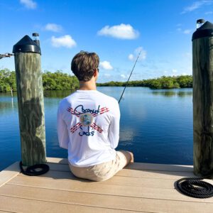 A man sitting on the dock fishing.