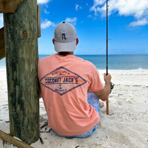 A man sitting on the beach holding a fishing pole.