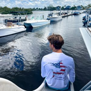 A man sitting on the back of a boat in water.
