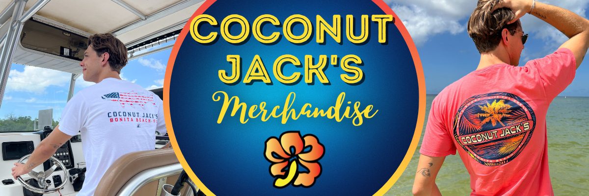 A blue circle with the words coconut jack 's merchandise in yellow.